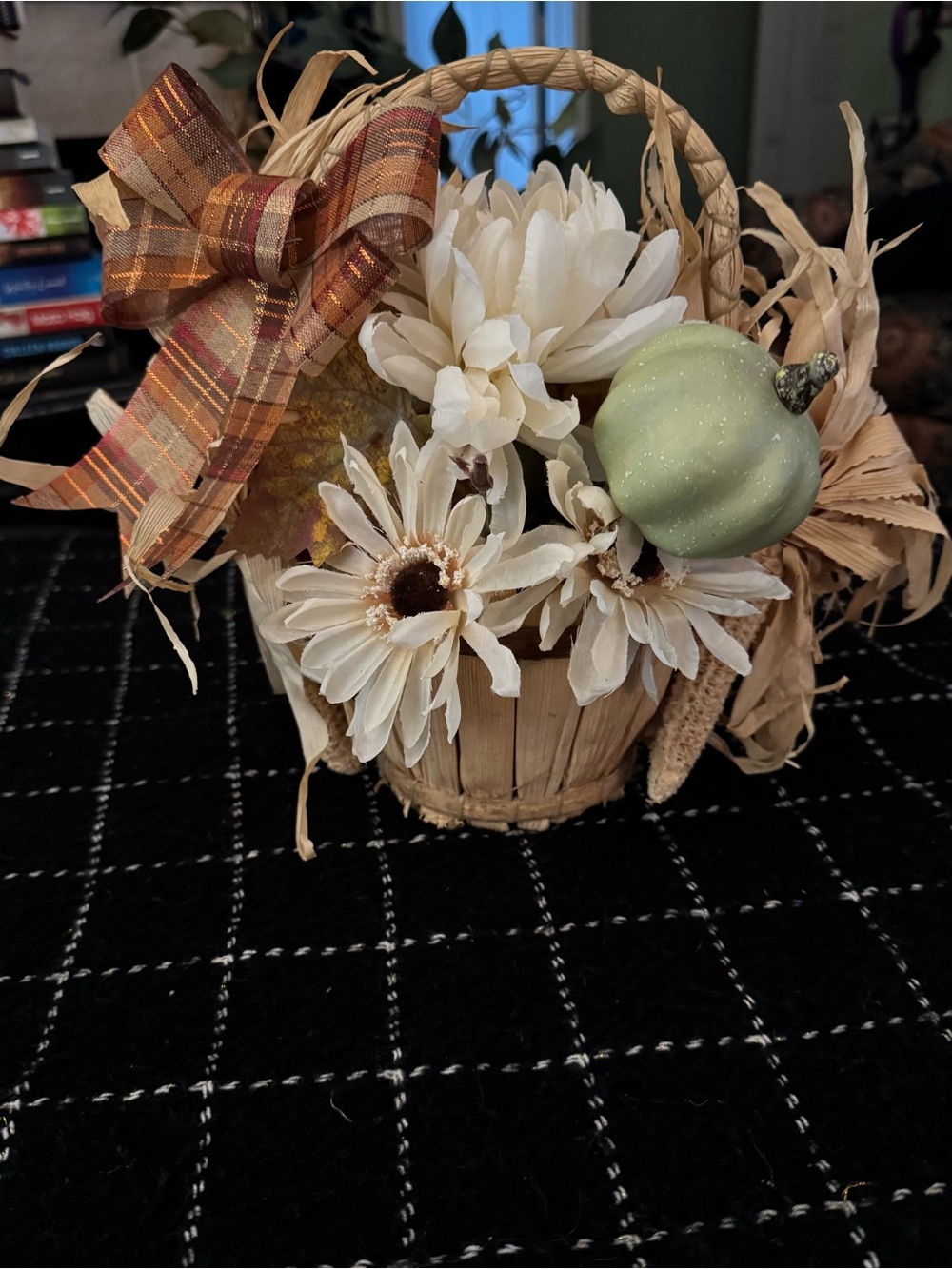 Cream Faux Floral Basket with Sage Green Pumpkin Accent